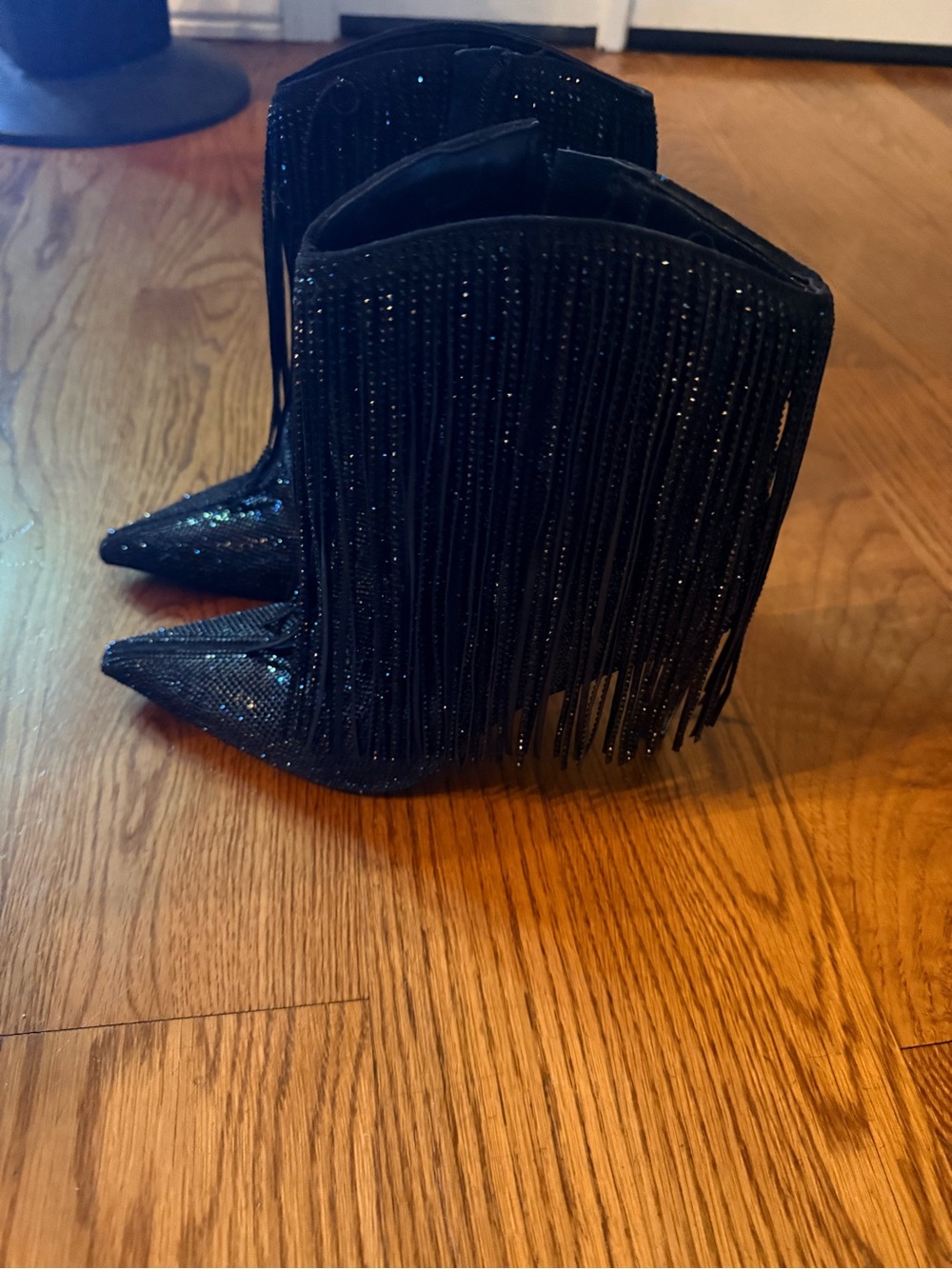 INC International Concepts Black Glitter Fringed Pointed-Toe Ankle Boots - Picture 2 of 4